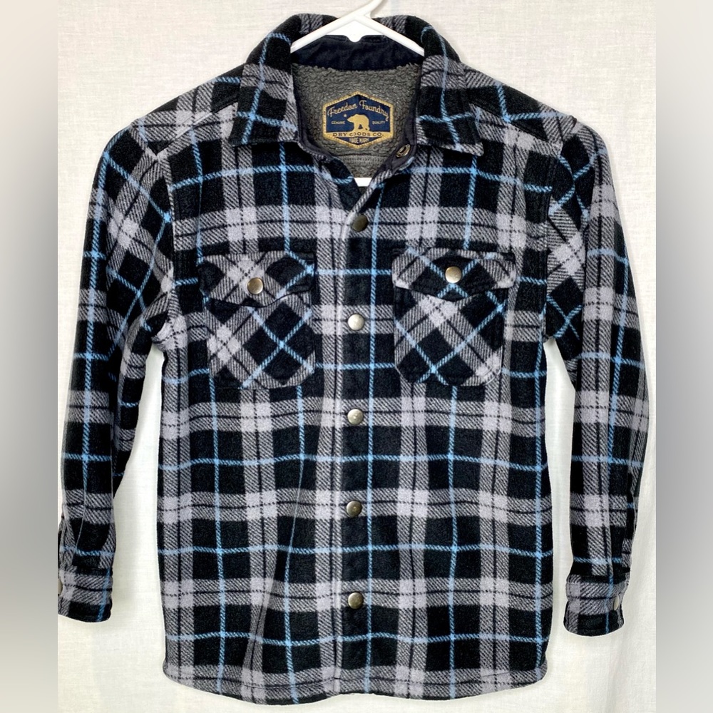 Freedom Foundry Fleece Lined Flannel Shirt Jacket Black Gray Kids Size S Plaid